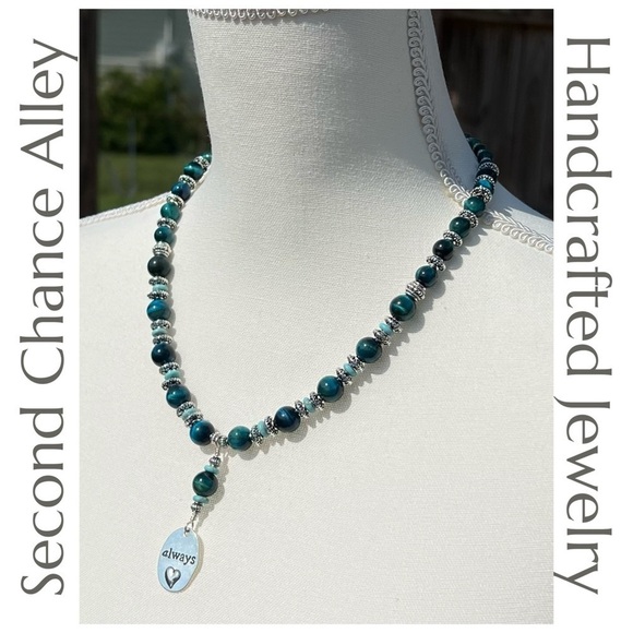 Blue Tigers Eye and Silver Necklace and Earrings Set Handmade - Picture 16 of 16